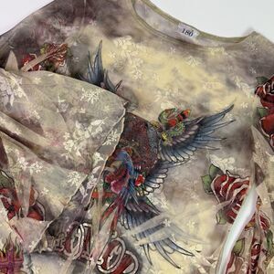 Y2K Sheer Mesh Tattoo Top Bell Sleeves Women' XS/S Parrot Dagger Goth Grunge Emo